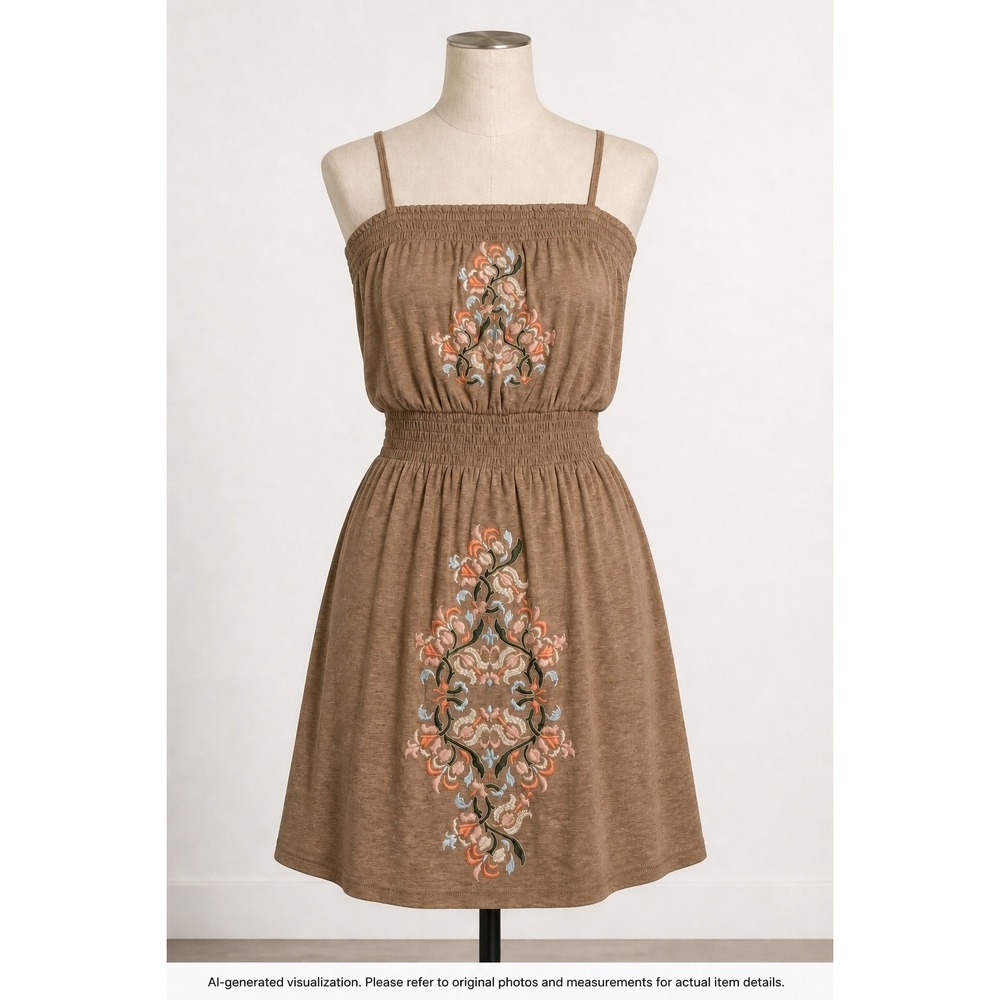 Stetson Embroidered Floral Smocked dress Tan Boho Western Small 11-57-513-4048